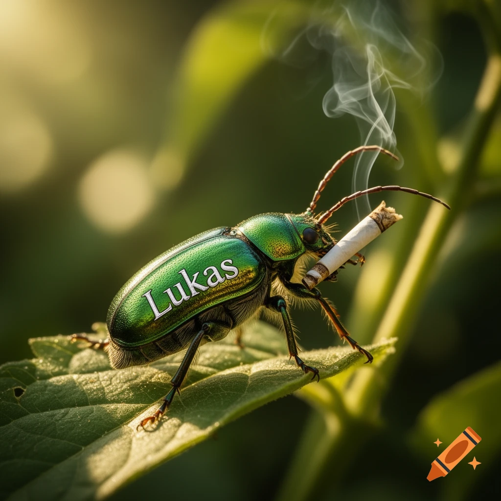 A photorealistic metallic green beetle with 'Lukas' written on its back, holding a lit cigarette with smoke on a green leaf.