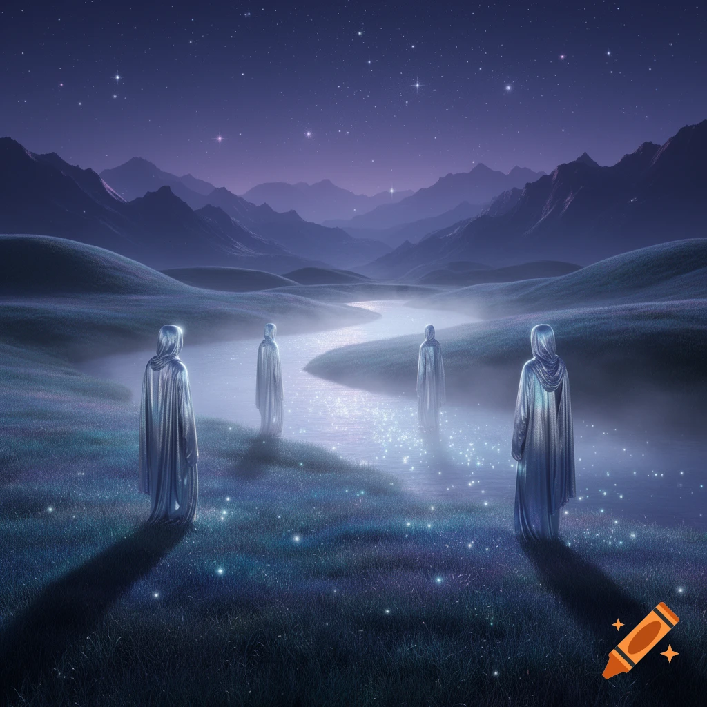 Four cloaked figures stand by a glowing river in a misty, grassy valley with mountains under a starry, purple night sky.