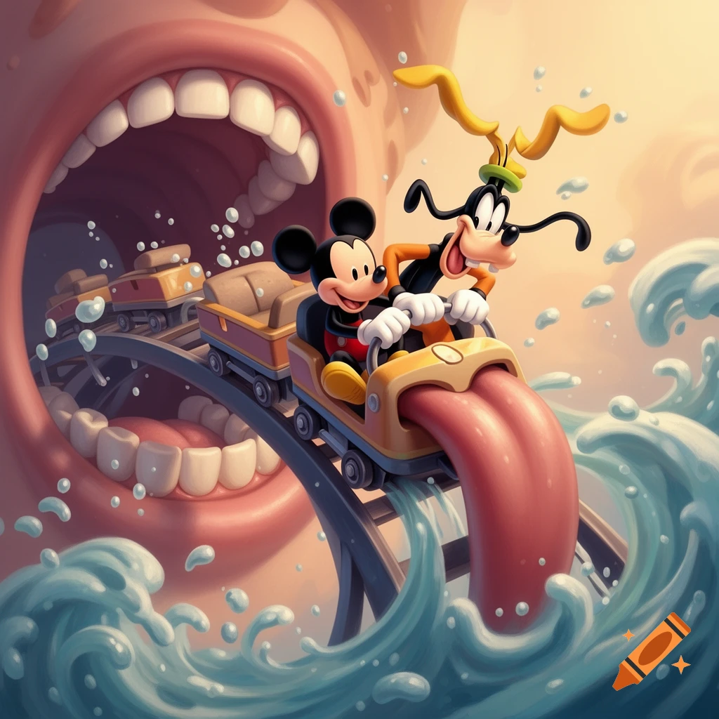 Mickey Mouse and Goofy ride a roller coaster inside a giant open mouth, with the tongue acting as a track and water splashing around.