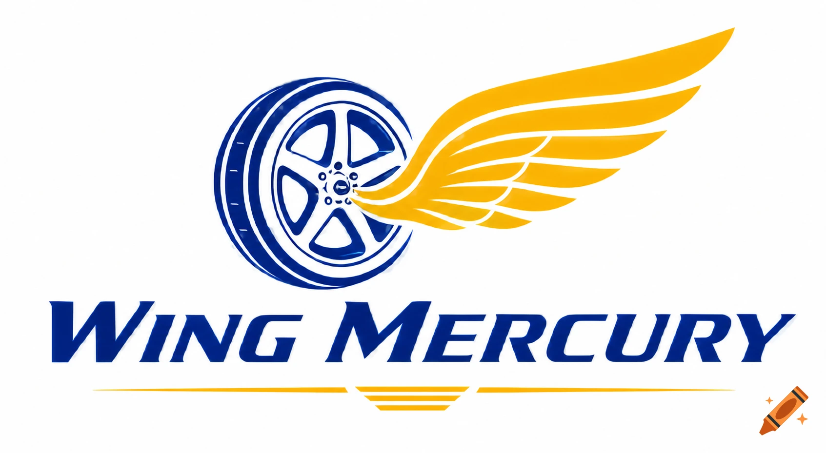 A minimalist logo featuring a blue car wheel with a golden wing, and the text "Wing Mercury" in blue, on a white background.