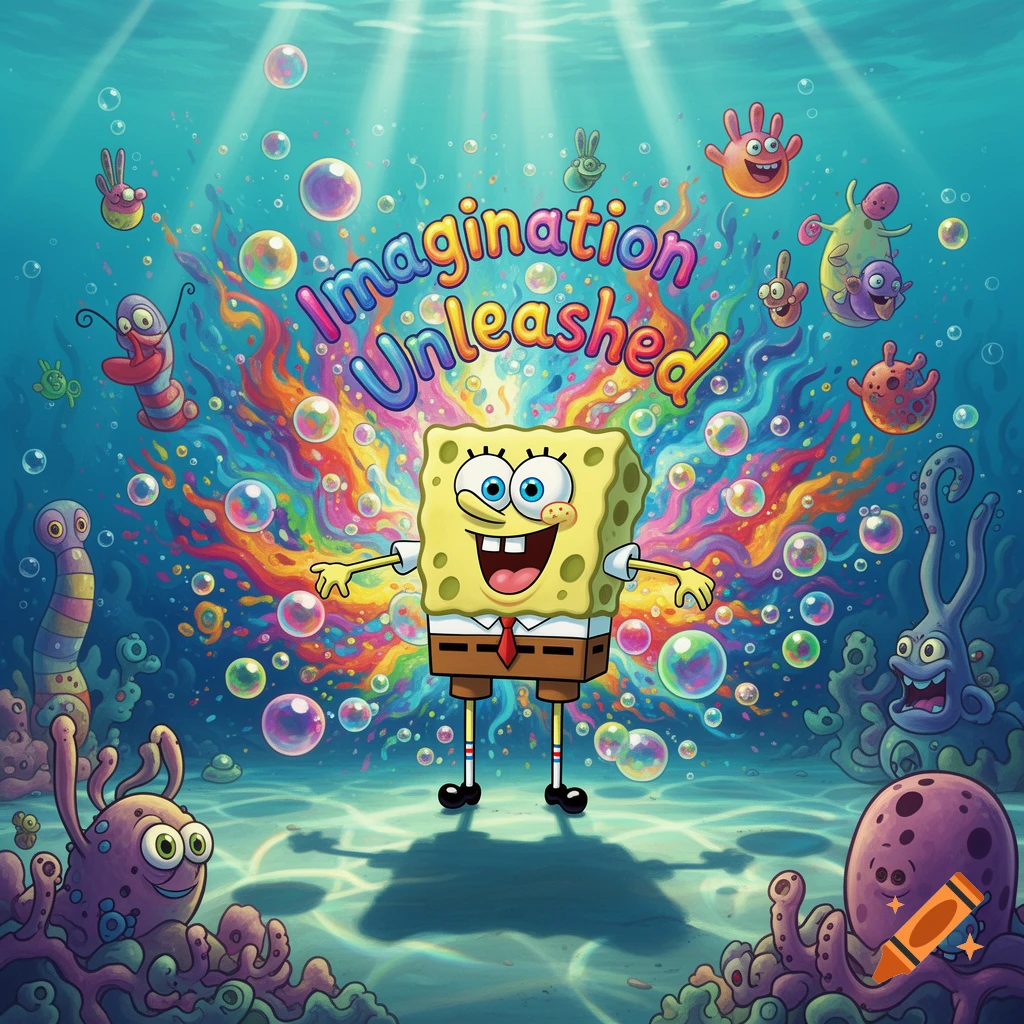 Spongebob Squarepants in a vibrant underwater scene, surrounded by colorful patterns, bubbles, and cartoon sea creatures. Text: "Imagination Unleashed".