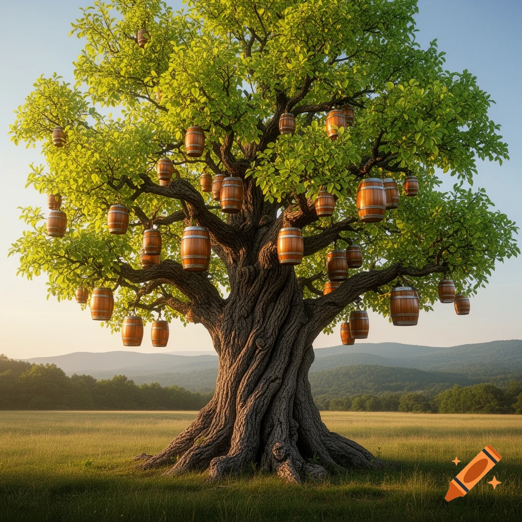 A large, leafy tree with wooden barrels hanging from its branches, standing in a sunny grassy field with distant hills.