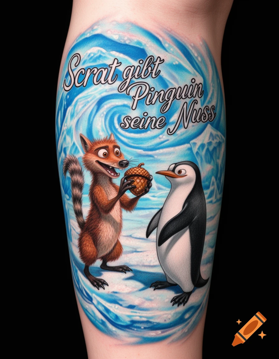 A vibrant cartoon tattoo depicting Scrat offering an acorn to a penguin on an icy blue background, with German text 'Scrat gibt Pinguin seine Nuss'.