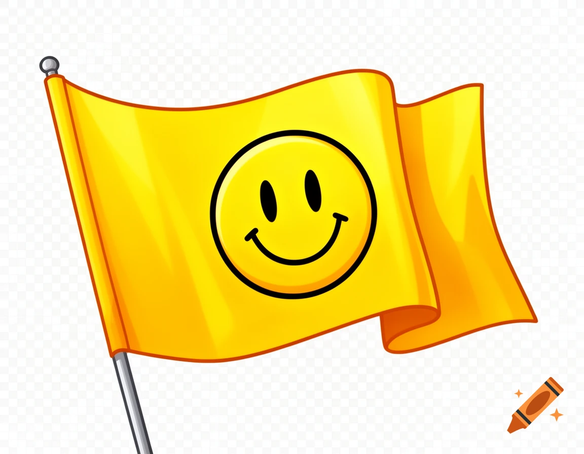 A cartoon yellow flag with a smiley face emoji, waving against a transparent background.