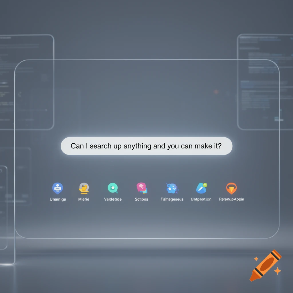 A translucent user interface displaying a search bar with the query 'Can I search up anything and you can make it?' above a row of colorful app icons with unreadable text.