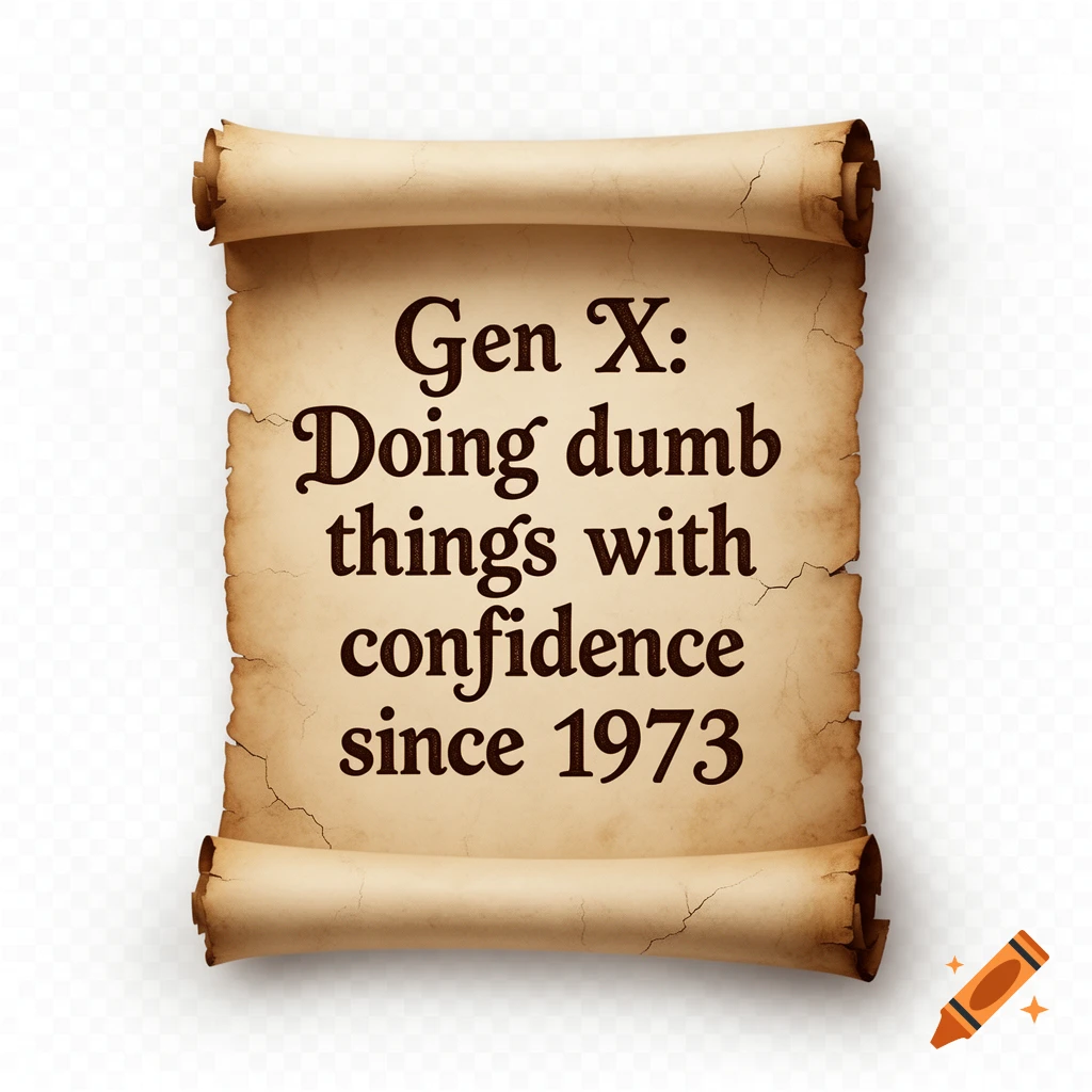 An old-timey scroll with the text 'Gen X: Doing dumb things with confidence since 1973.'