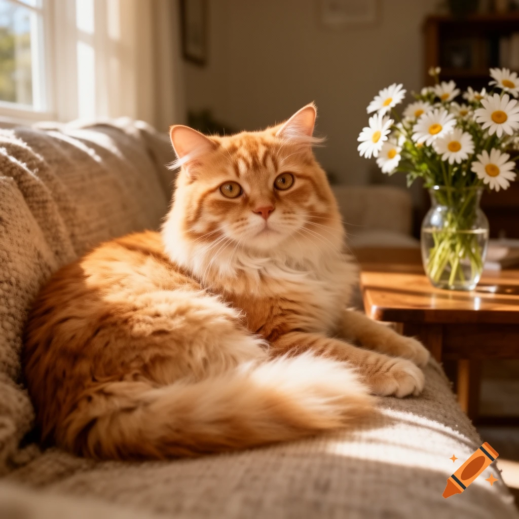 A fluffy orange and white cat reclines on a couch in a sunlit room, next to a vase of white daisies.