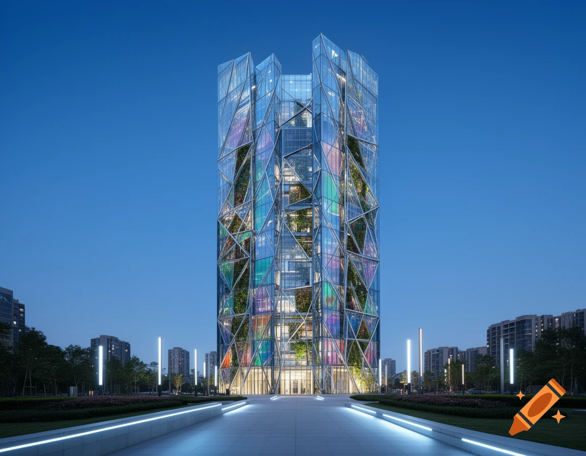 Photorealistic image of a futuristic glass skyscraper with colorful geometric panels and integrated greenery at dusk.