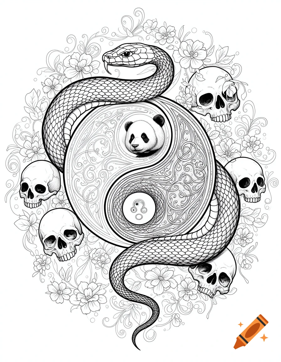 Detailed black and white coloring page featuring a snake wrapped around a Yin-Yang symbol with a panda head and skulls, surrounded by flowers.