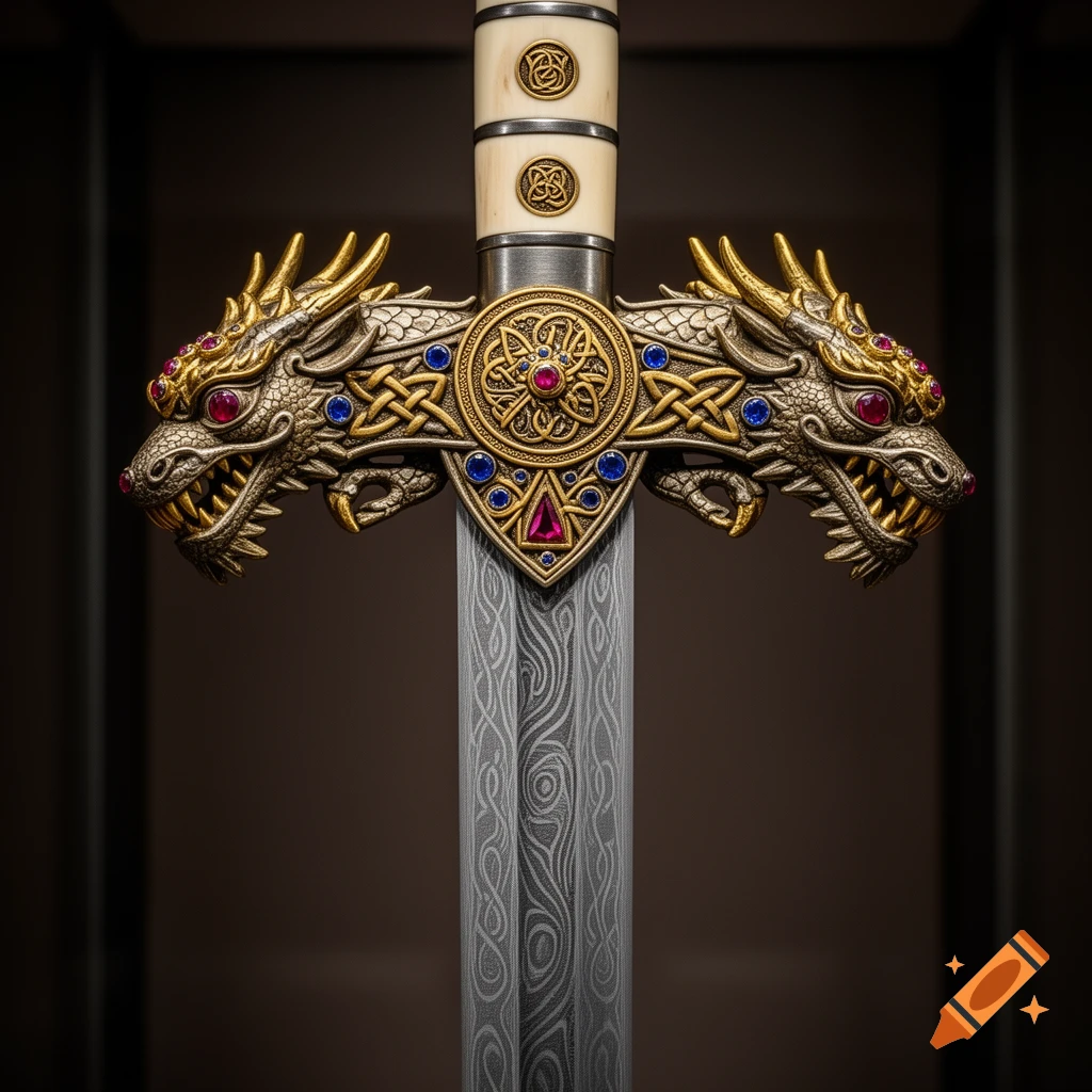 Detailed fantasy sword with a gold dragon guard, ruby eyes, sapphire and ruby gems, gold knotwork, ivory handle, and pattern-welded blade.