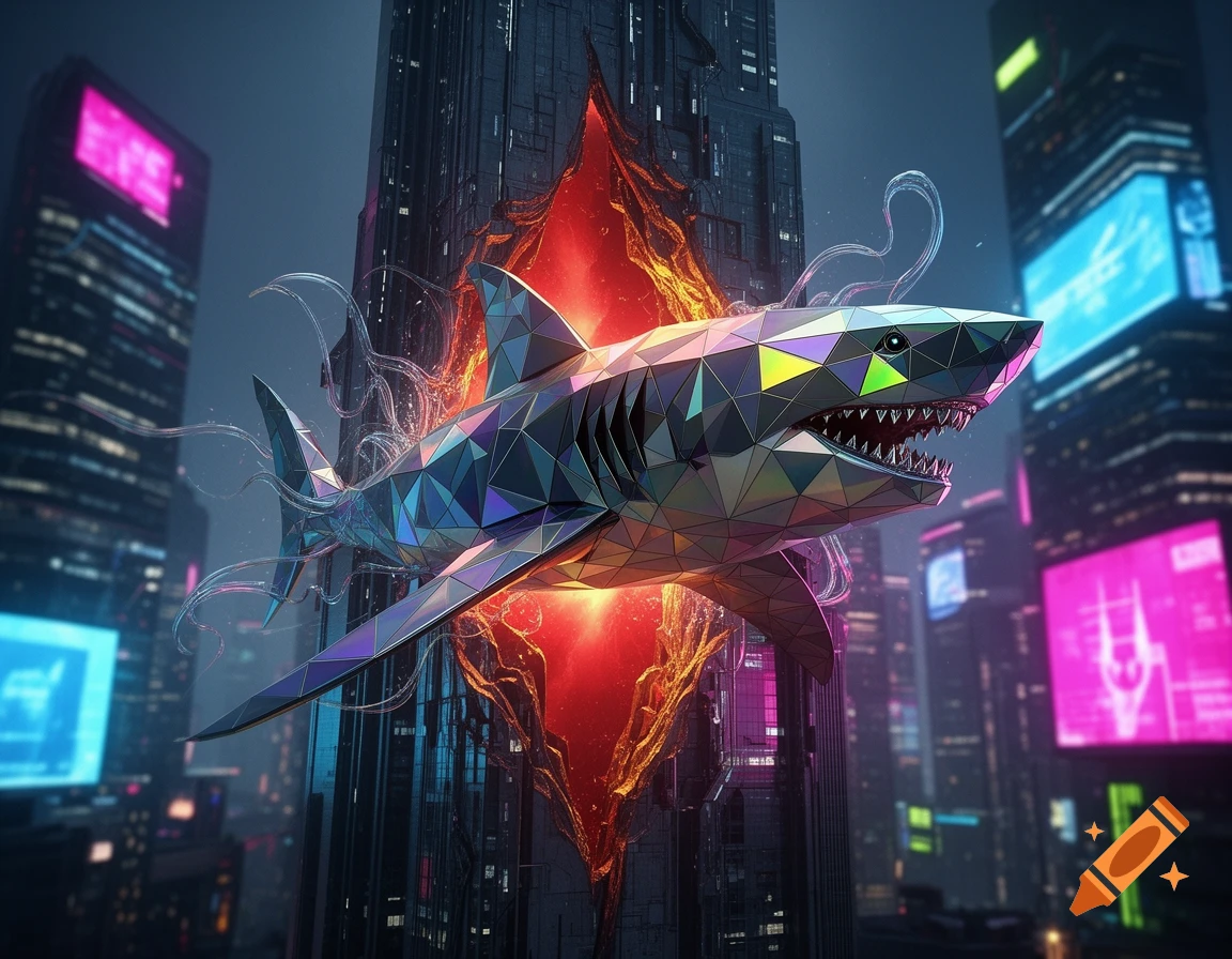 A cybernetic shark made of colorful tetrahedrons emerges from a glowing red rift in a futuristic city skyline at dusk.