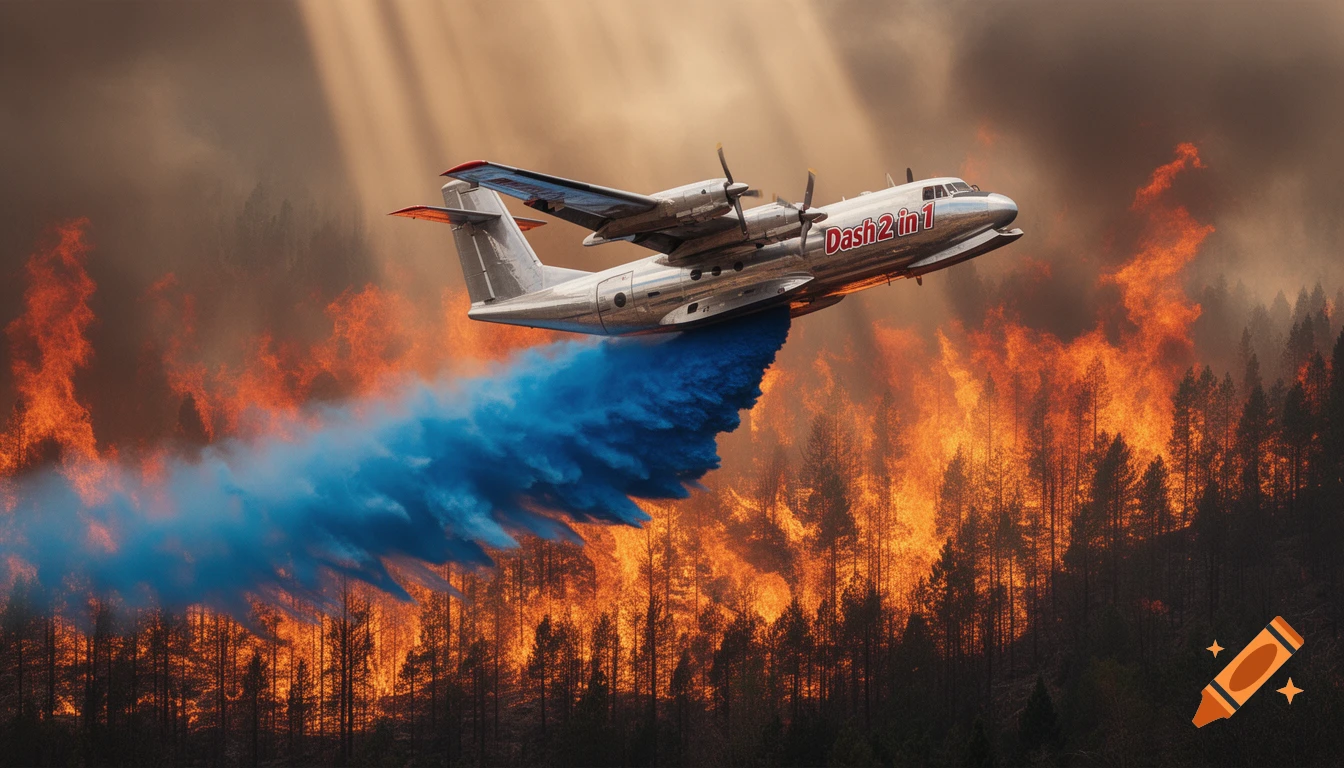 A silver water bomber plane sprays a blue solution over a fiercely burning forest under dramatic, smoky skies.