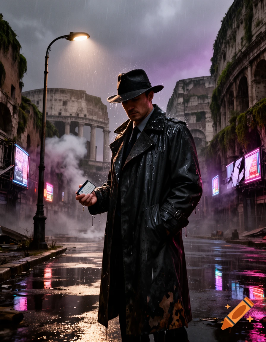 A man in a fedora and trench coat stands in a rainy, cyberpunk-noir cityscape with Roman ruins and neon reflections, holding a card.