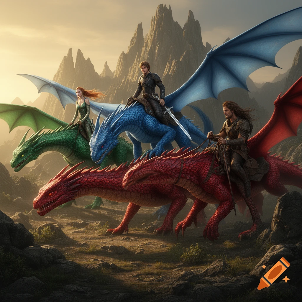 Three dragon riders on red, blue, and green dragons, traversing a rocky mountain landscape under a warm sky.