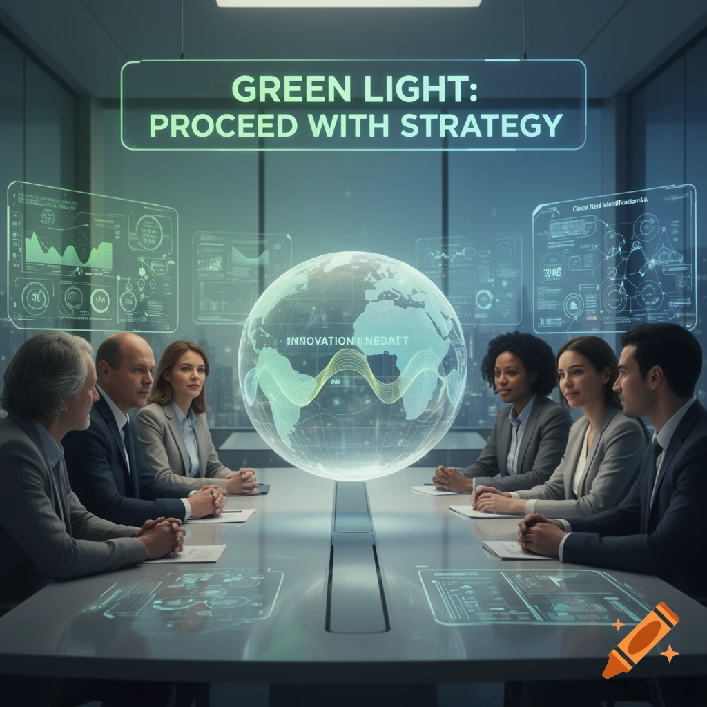 A diverse group of professionals in suits sits around a conference table with a holographic globe and data displays floating above it, showing charts and information.
