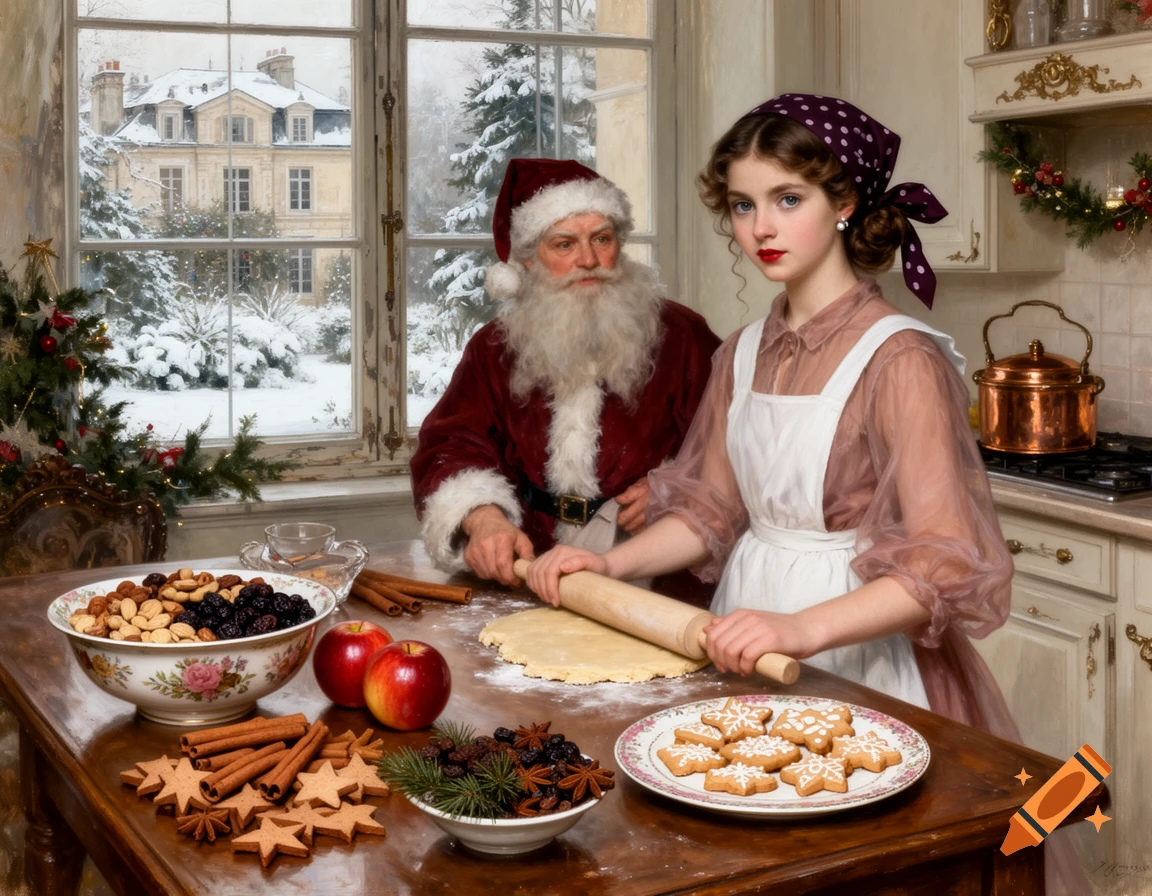 An oil painting of Santa and a young woman baking Christmas cookies in a Victorian kitchen, a snowy garden visible through the window.
