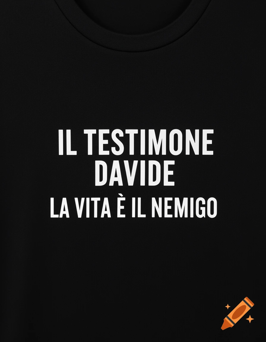 A black t-shirt with white text in Italian: "IL TESTIMONE DAVIDE LA VITA È IL NEMIGO".