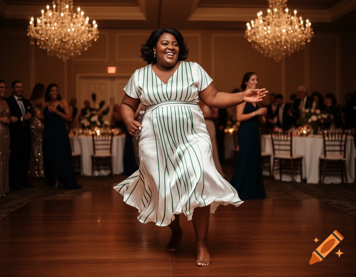 A Black woman in a white and green striped dress dances barefoot at a glamorous party, smiling broadly.