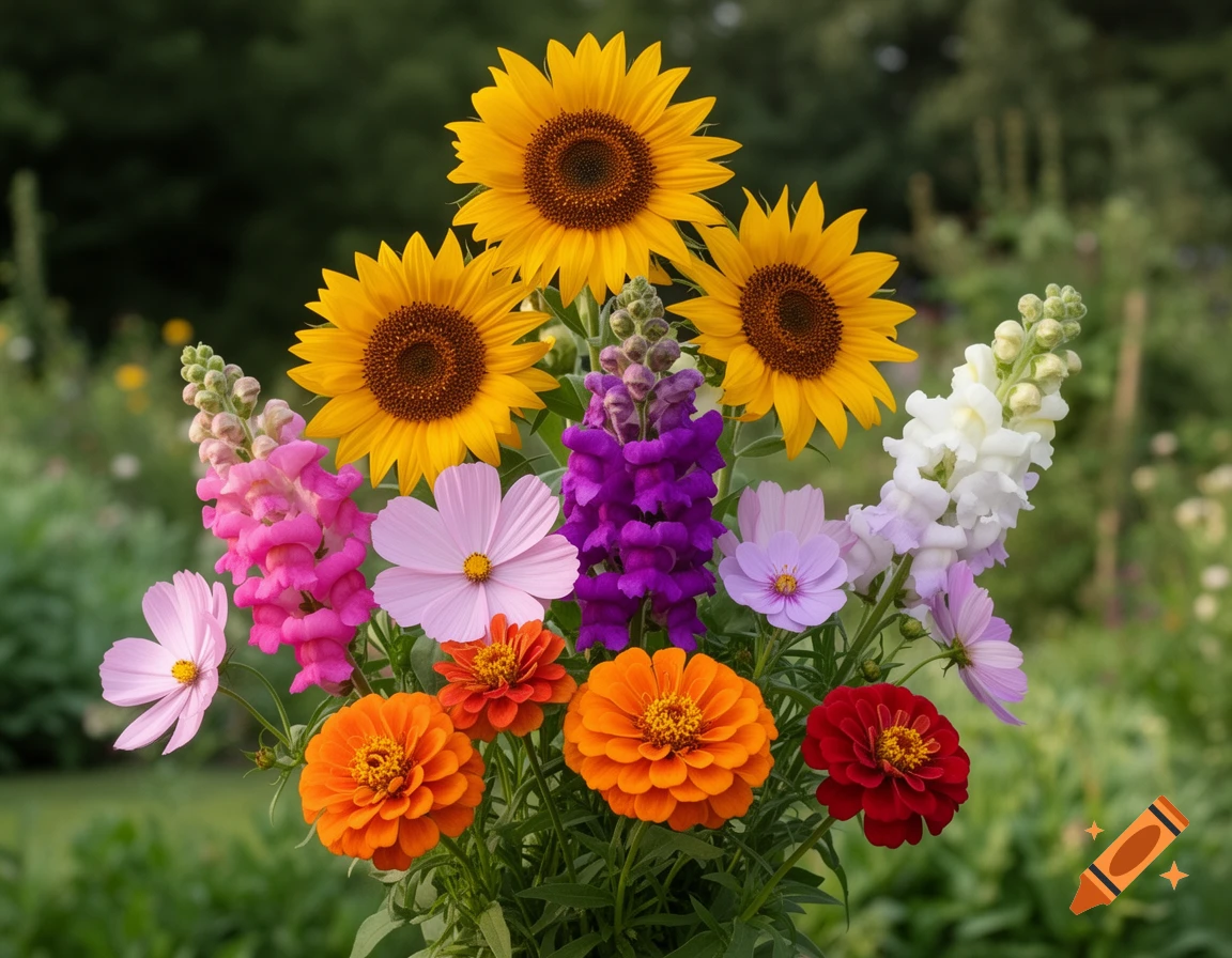 A vibrant bouquet of sunflowers, pink and purple snapdragons, light pink and lavender cosmos, and orange and red zinnias in a blurred garden.