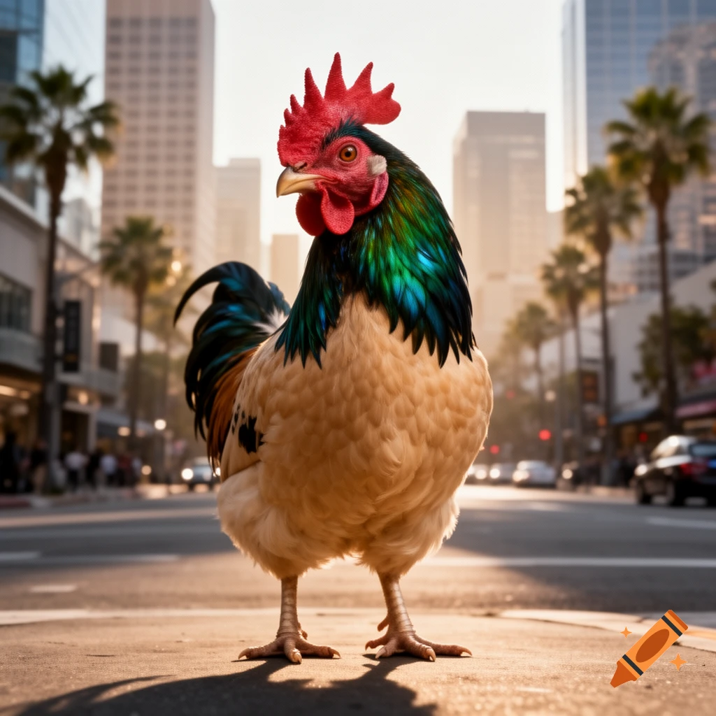 A photorealistic rooster stands in the middle of a sunny city street with tall buildings and palm trees.