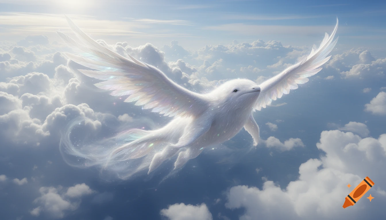 A fluffy white whale-like creature with large iridescent wings flies through a bright, cloudy sky surrounded by ethereal mist.