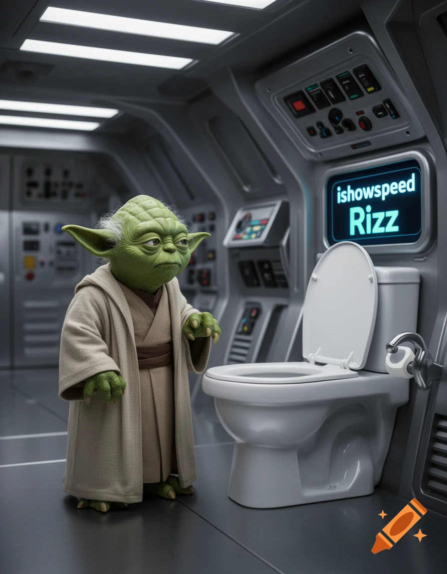 Yoda in a Jedi robe stands next to a toilet in a futuristic spaceship bathroom, with 'ishowspeed Rizz' displayed on a screen.
