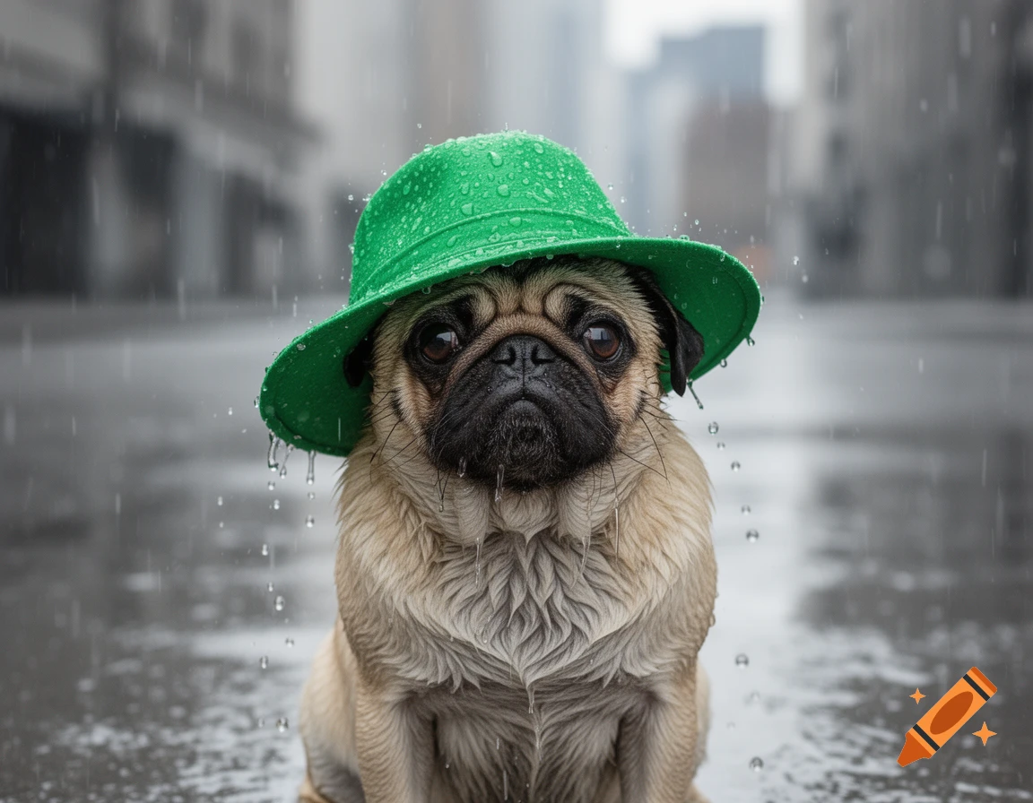 A cute pug dog wearing a green hat sits looking wet in the rain on a city street.