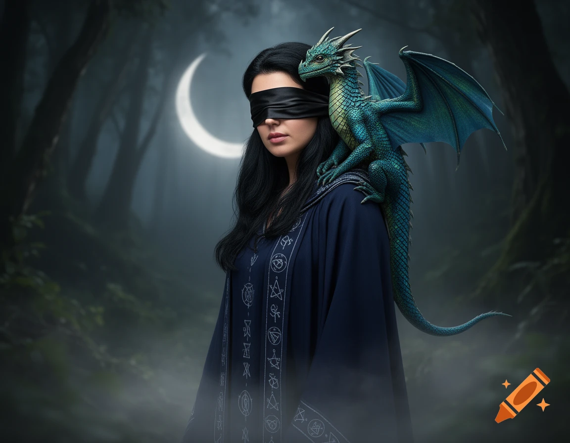 Photorealistic image of a blindfolded woman in a dark robe, with a green-blue dragon on her shoulder, in a misty forest under a crescent moon.