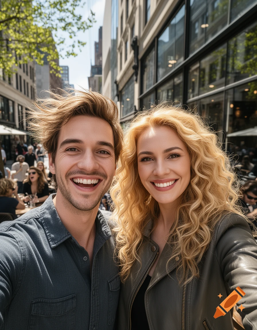 A smiling man and woman pose for a selfie on a sunny city street with buildings and outdoor cafes in the background.