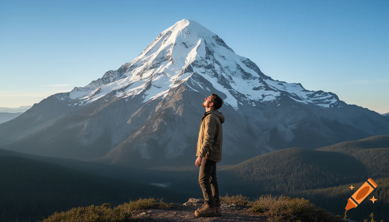 A man stands on a ridge, looking up at a snow-capped mountain under a clear sky, captured in a photorealistic style.
