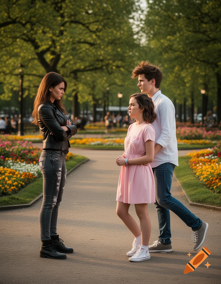 An angry girl with crossed arms confronts a boy embracing a girl in a pink dress on a park path lined with flowers.
