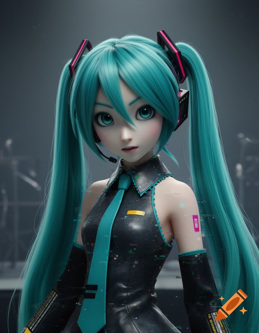 Close-up of Hatsune Miku with teal pigtails, a black and teal outfit with glitch artifacts, and a headset, in a warped digital art style.