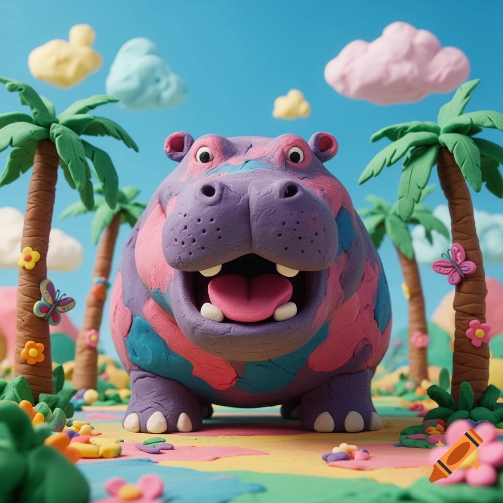 A vibrant, smiling play-doh hippo stands in a colorful landscape with palm trees and clouds.