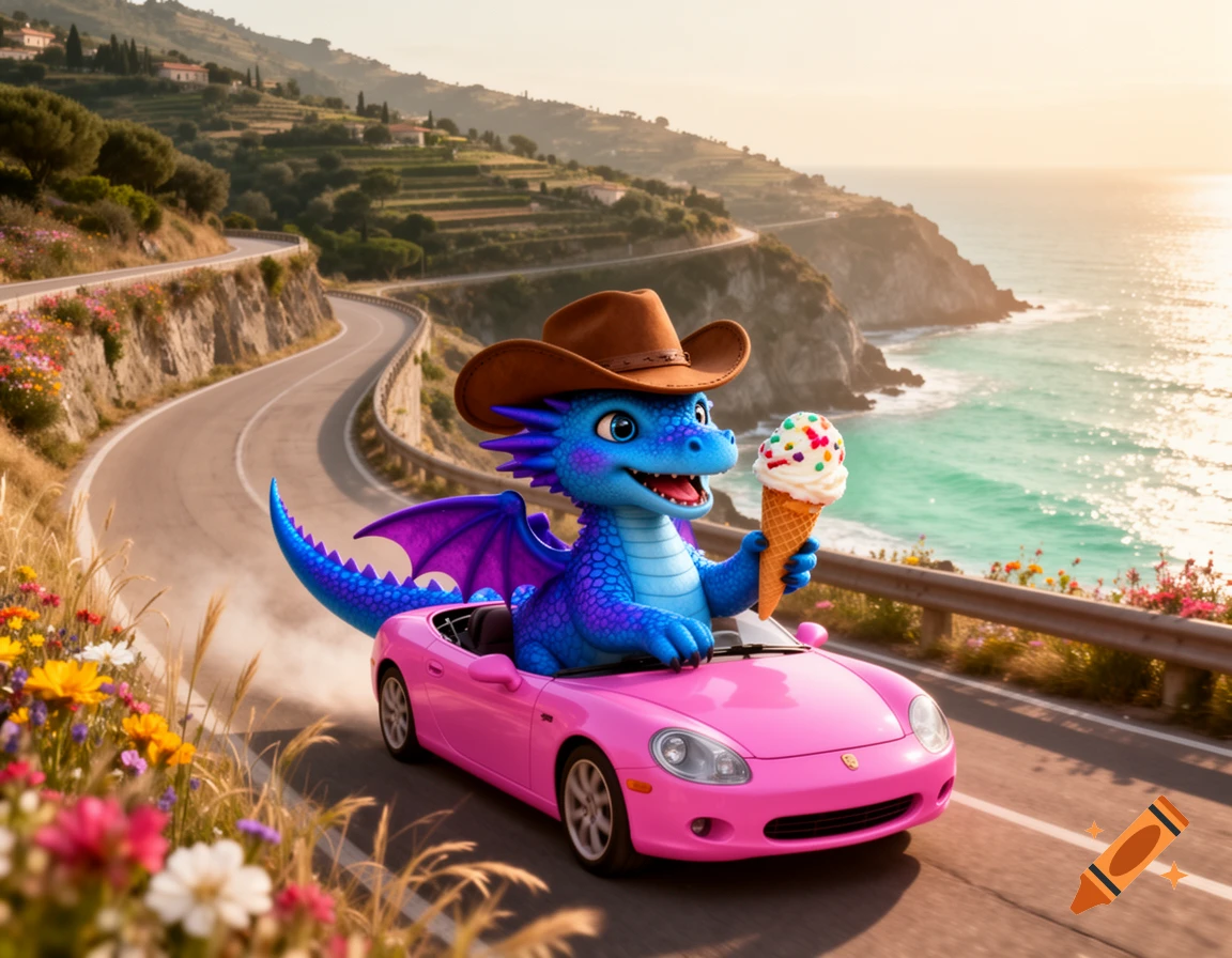 A cute blue and purple dragon in a cowboy hat drives a pink convertible along a sunny coastal road, eating an ice cream cone.