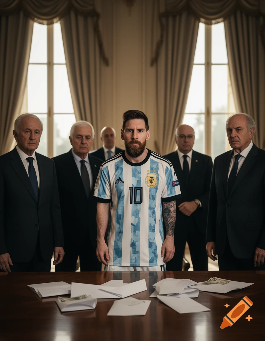 Photorealistic image of Lionel Messi in an Argentina jersey, standing in a formal room with men in suits and money on a table.