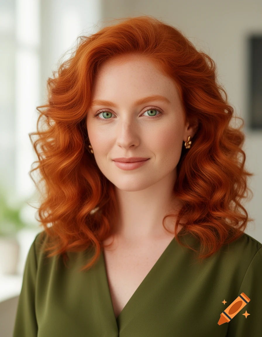 Close-up portrait of a young woman with vibrant red hair and green eyes, smiling subtly, wearing a green blouse.