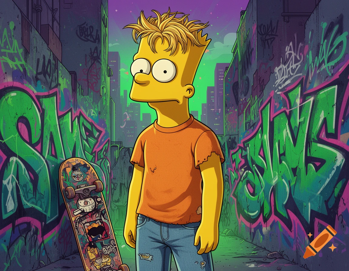 Stylized Bart Simpson with human-like hair stands in an urban alleyway covered in vibrant graffiti, a skateboard leaning beside him.