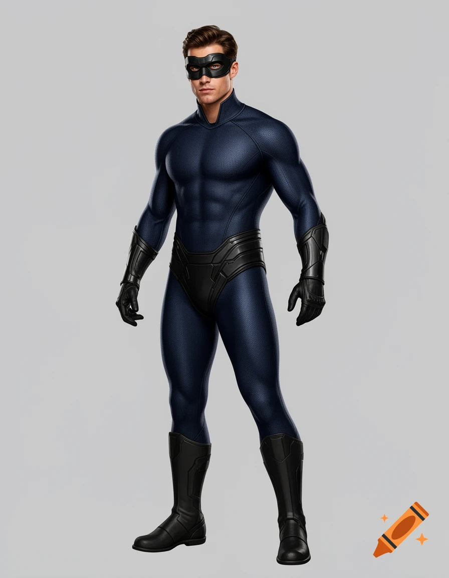 A realistic image of a male superhero in a dark blue, form-fitting suit with black gloves, boots, waist armor, and a black mask.