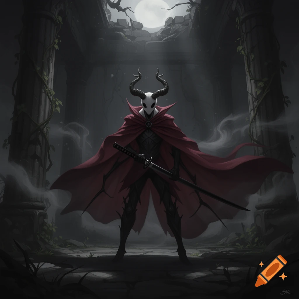 A white masked, horned character in a crimson cloak holds a samurai sword, standing in dark ruins under a full moon.