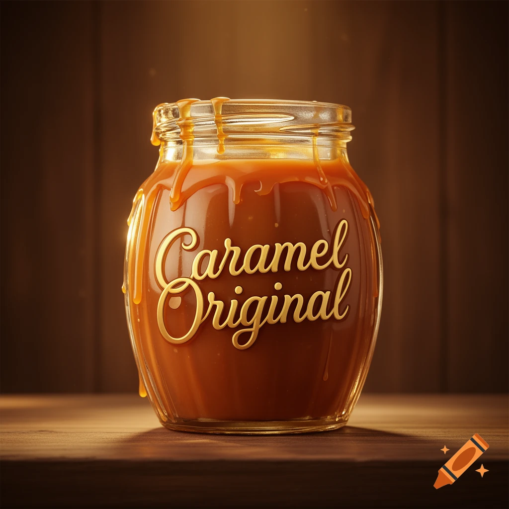 A photorealistic image of a glass jar of caramel with 'Caramel Original' on the label, dripping caramel, on a wooden surface.