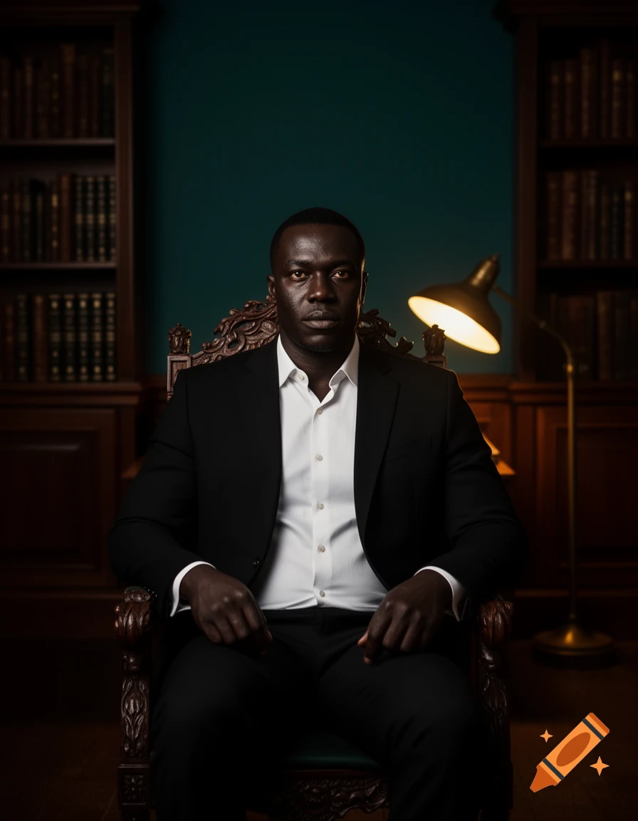 Photorealistic portrait of a man in a black suit and white shirt, sitting in a carved chair in a dim library with bookshelves.