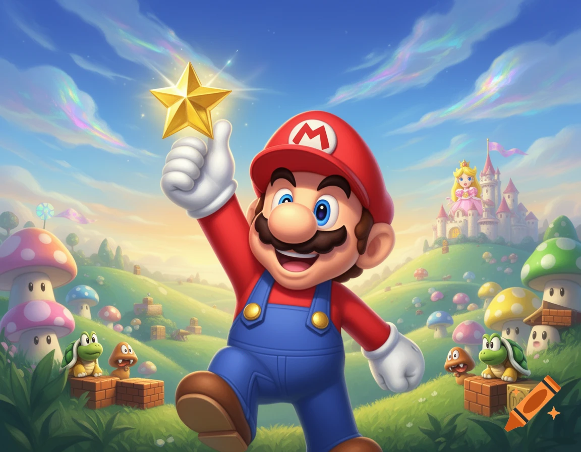 Vibrant cartoon of Mario holding a star in a lush green landscape with Princess Peach's castle, mushroom houses, Goombas, and Koopa Troopas.