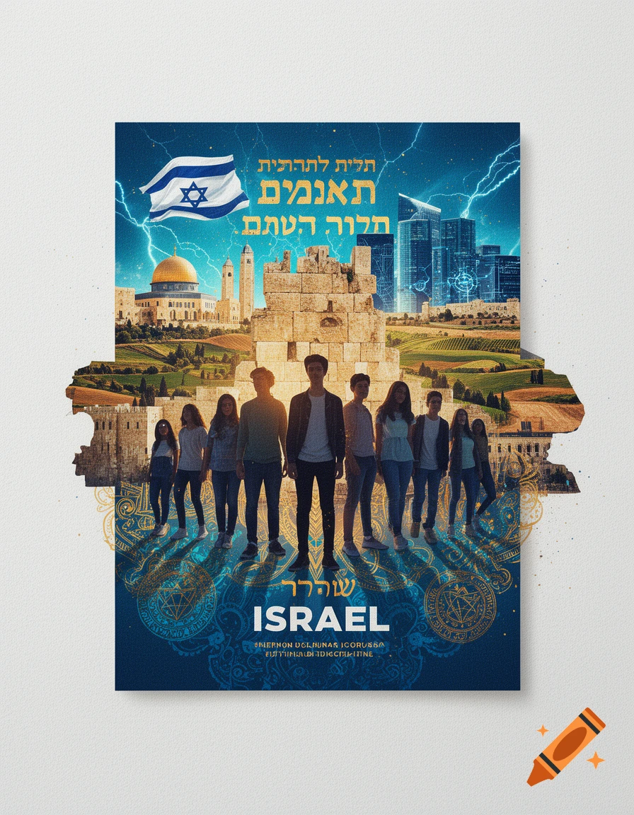 A modern poster for Israel solidarity, depicting young people standing before iconic landmarks like the Dome of the Rock and modern skyscrapers, under an Israeli flag and lightning-filled sky. Hebrew and English text "ISRAEL" are prominently featured.