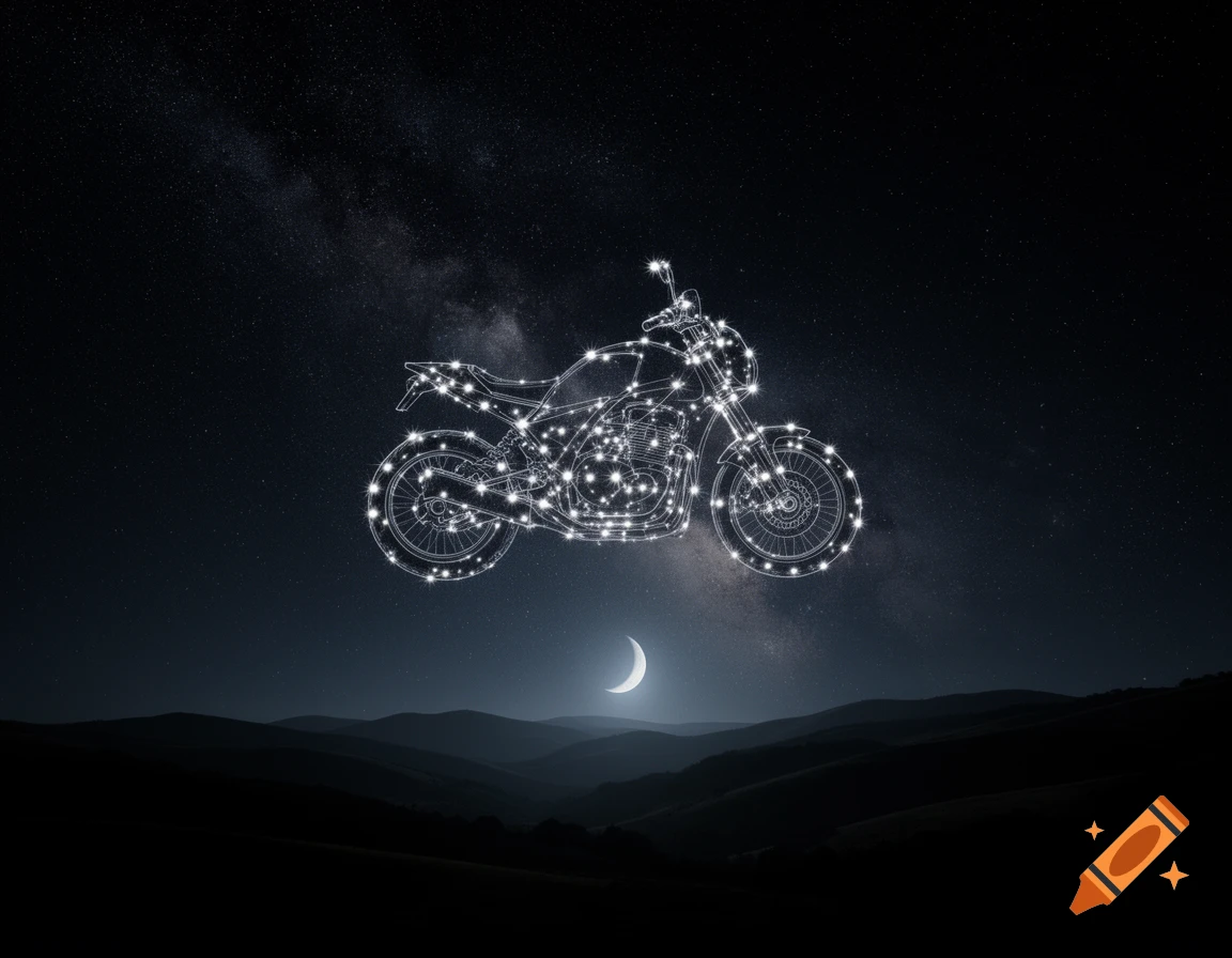 A motorcycle made of white glowing stars forms a constellation in a dark night sky above rolling hills and a crescent moon.