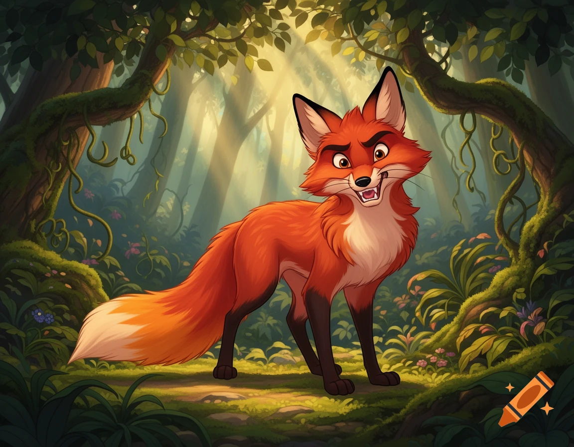 A Disney-style 2D illustration of a fierce-looking feral fox with orange fur, growling in a lush forest with sunlight filtering through the trees.