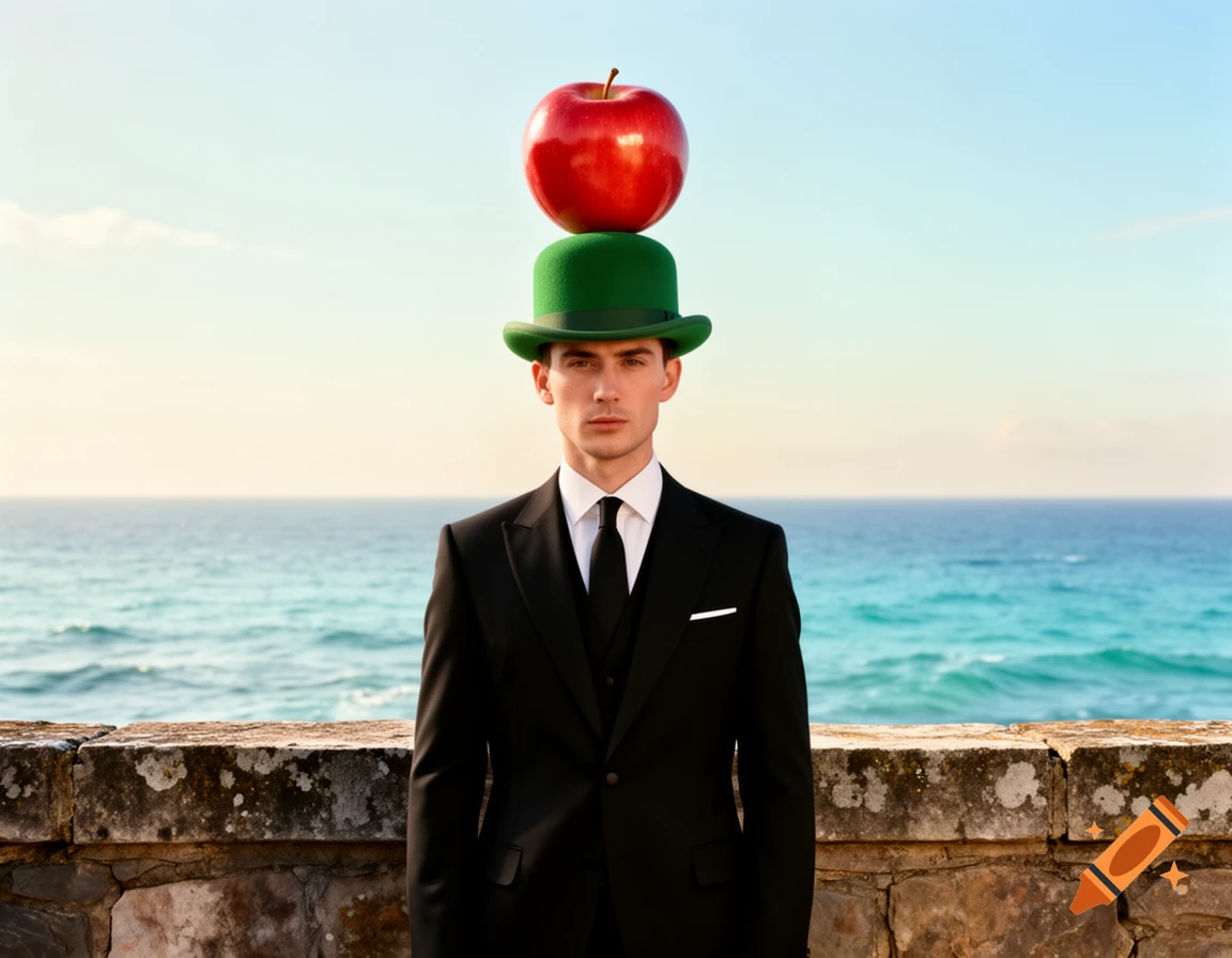 A man in a black suit and green bowler hat with a red apple on top stands before a stone wall and the sea.