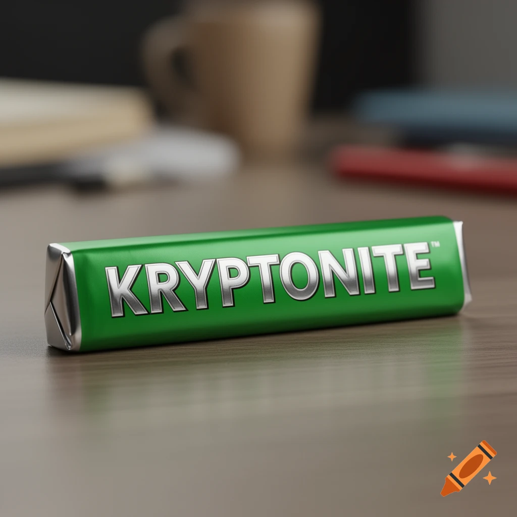 A photorealistic image of a green stick of gum with "KRYPTONITE" written on it, resting on a wooden desk.