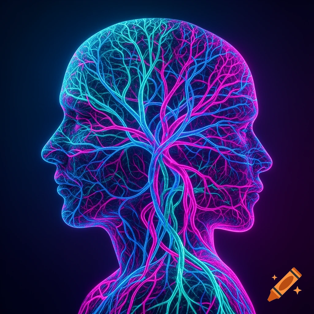 Two neon glowing human profiles, intertwining with intricate blue and pink neural networks against a dark background.