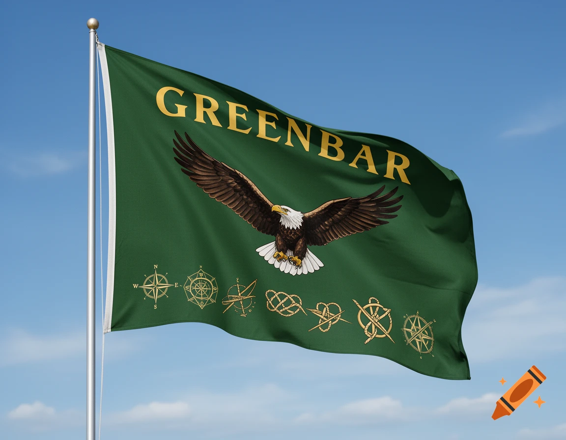 A dark green flag with 'GREENBAR' in gold text, a bald eagle, and gold compass symbols, waving under a blue sky.
