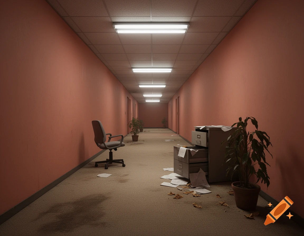 Long, dim, empty corridor with peach-colored walls, fluorescent lights, an office chair, and a filing cabinet with scattered papers and potted plants on the carpet.